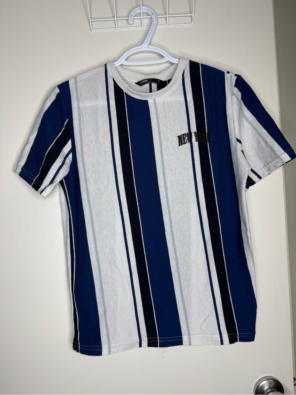 Ukids Blue & White Vertical Stripe Tee New York Text Medium (10/12)